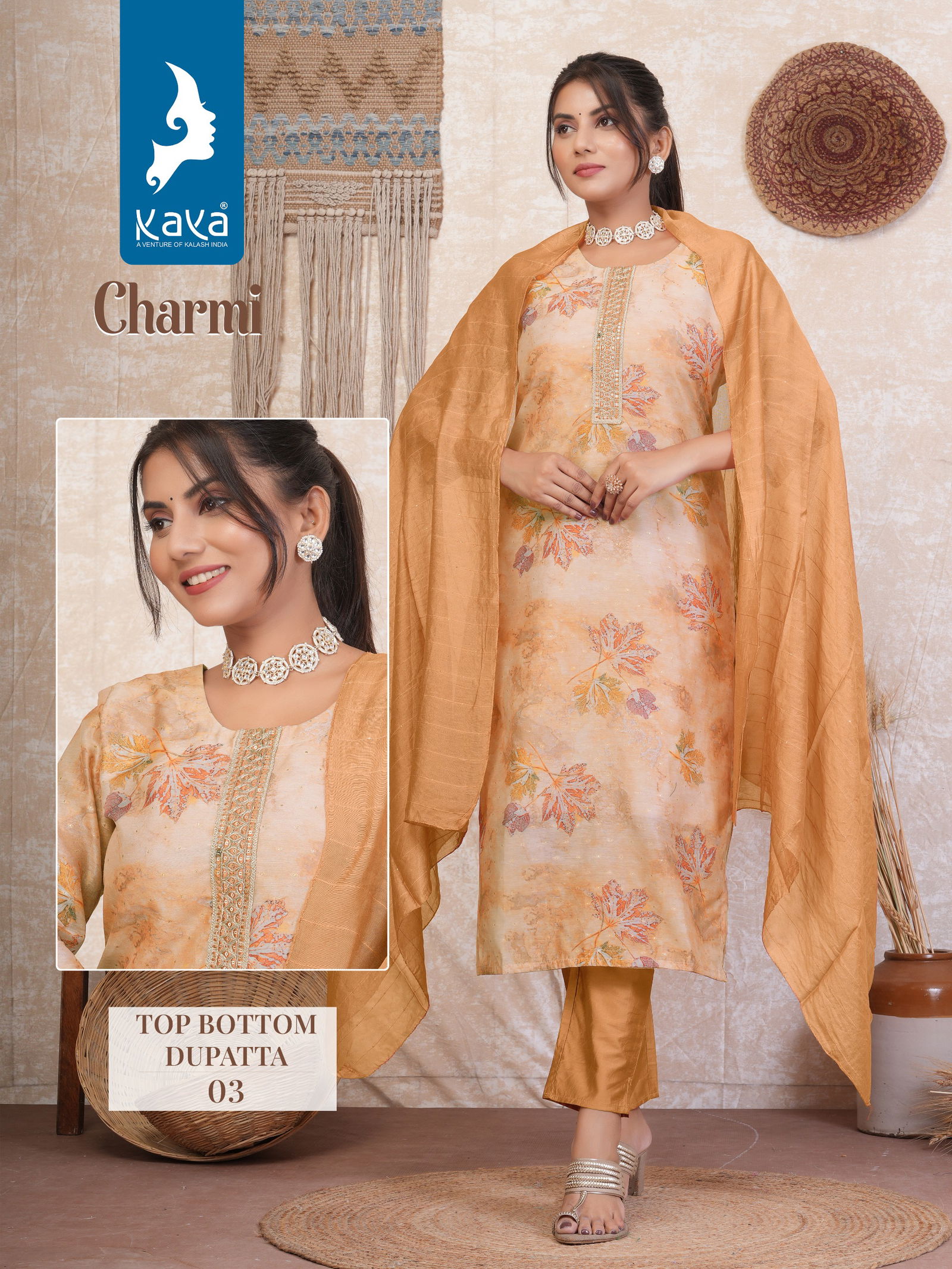 Charmi By Kaya Chanderi Butti Silk Kurti With Bottom Dupatta Wholesale Price In Surat